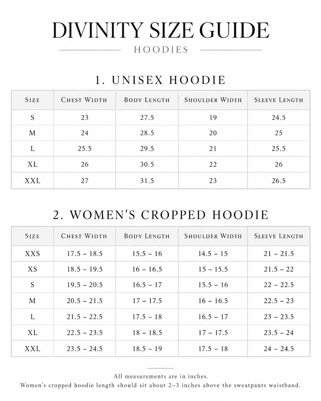 DIVINITY hoodie size guide in inches