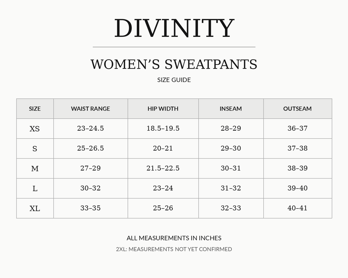 DIVINITY women's sweatpants size guide XS–XL, measurements in inches; 2XL measurements unconfirmed